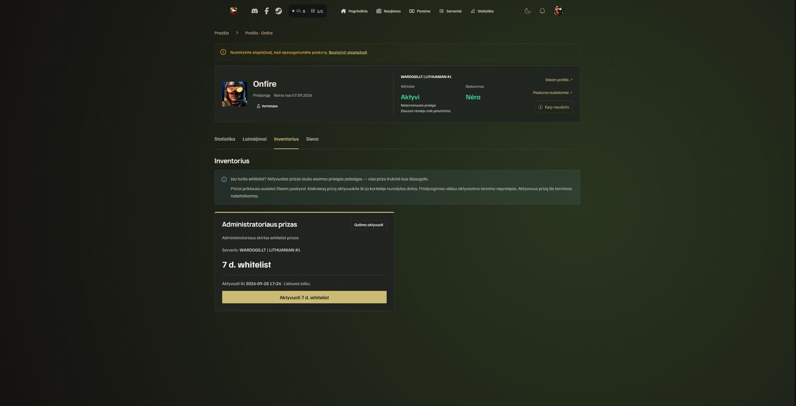 Inventorius su whitelist prizo trukme, aktyvavimo terminu ir aktyvavimo mygtuku.